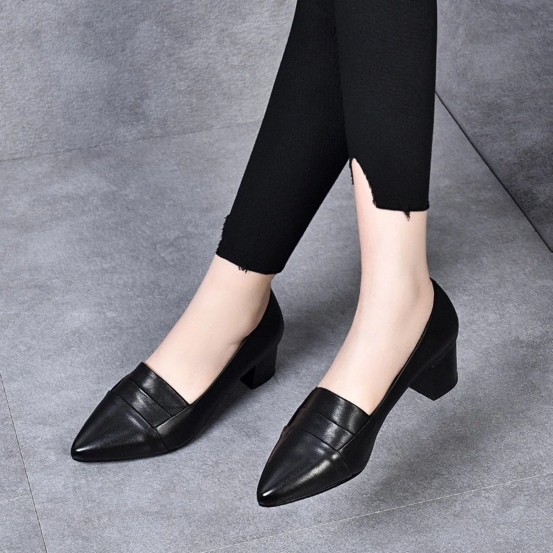 2023 SS Women's Pointed Toe Soft Leather Medium Heel Casual Comfortable Leather Shoes