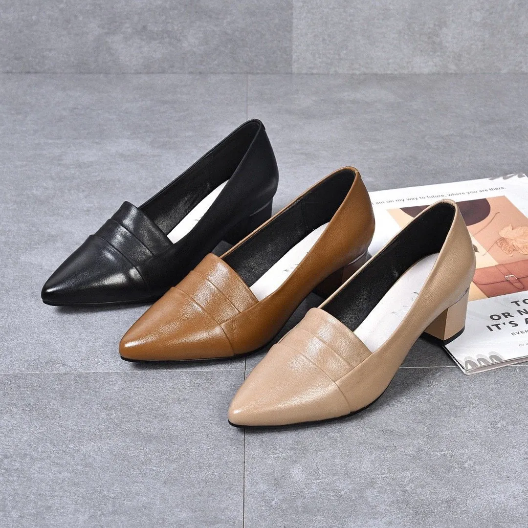 2023 SS Women's Pointed Toe Soft Leather Medium Heel Casual Comfortable Leather Shoes