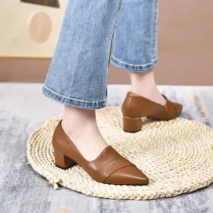 2023 SS Women's Pointed Toe Soft Leather Medium Heel Casual Comfortable Leather Shoes