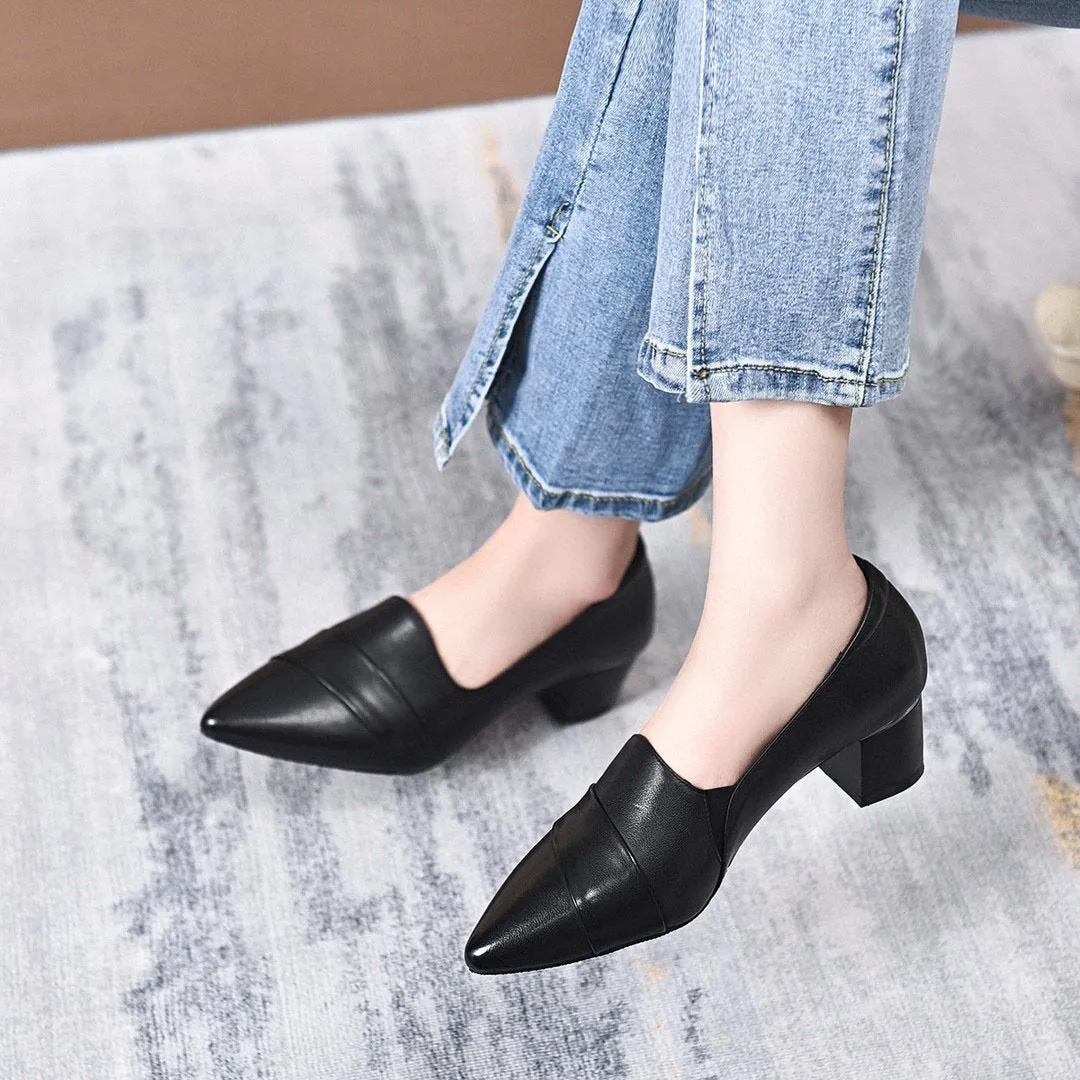 2023 SS Women's Pointed Toe Soft Leather Medium Heel Casual Comfortable Leather Shoes