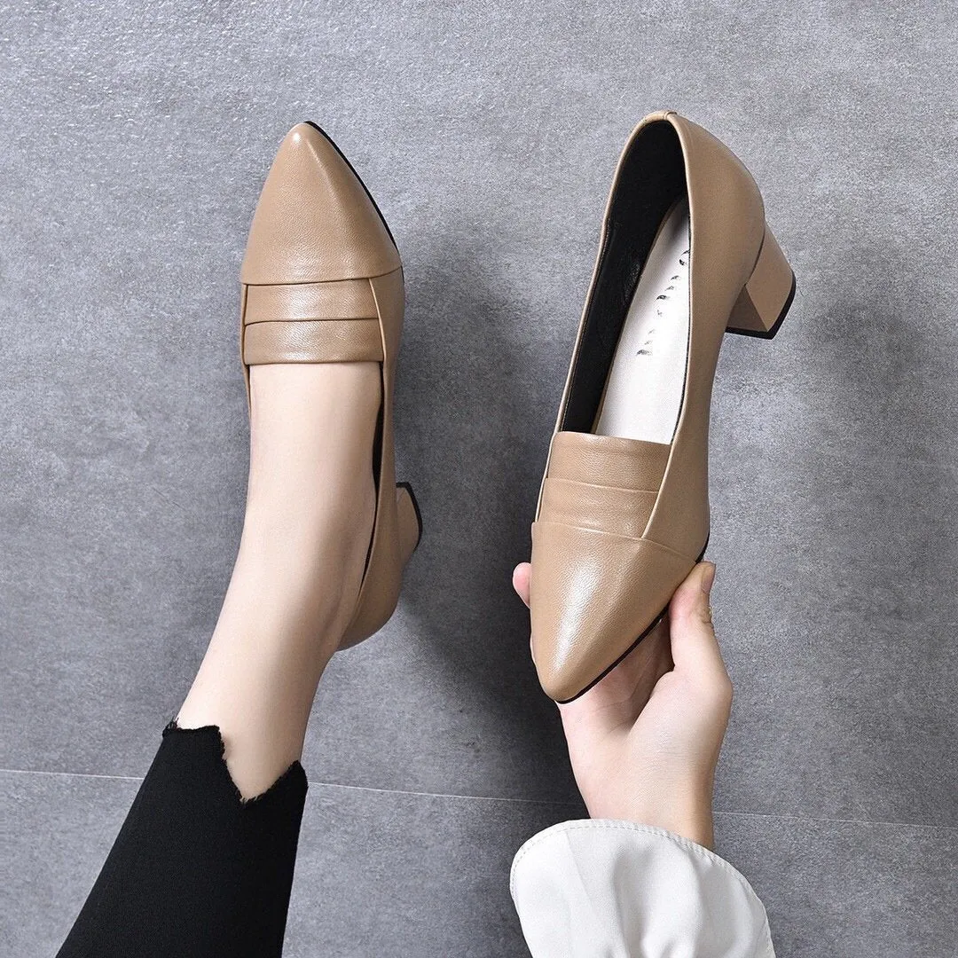 2023 SS Women's Pointed Toe Soft Leather Medium Heel Casual Comfortable Leather Shoes