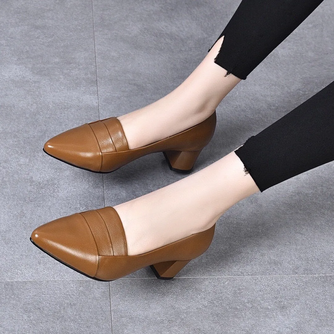 2023 SS Women's Pointed Toe Soft Leather Medium Heel Casual Comfortable Leather Shoes