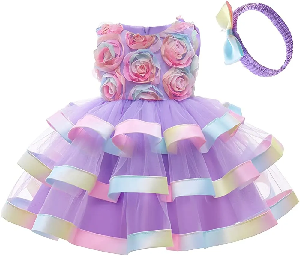 6M-6T Toddler Baby Girls Colorful Floral Tutu Gown Dress Party Evening Wedding Christmas Dance Dresses with Headwear