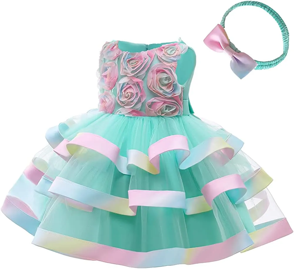 6M-6T Toddler Baby Girls Colorful Floral Tutu Gown Dress Party Evening Wedding Christmas Dance Dresses with Headwear