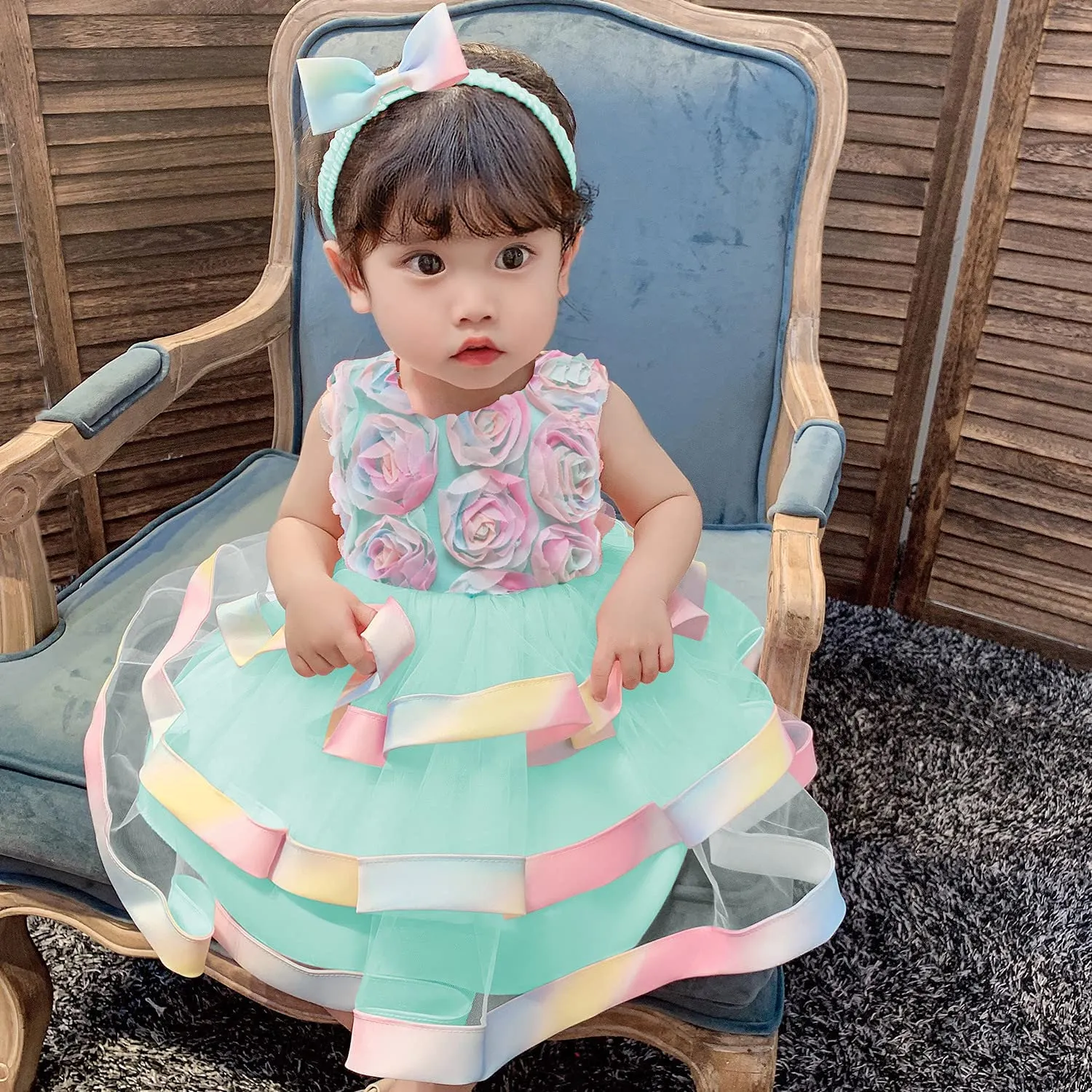 6M-6T Toddler Baby Girls Colorful Floral Tutu Gown Dress Party Evening Wedding Christmas Dance Dresses with Headwear