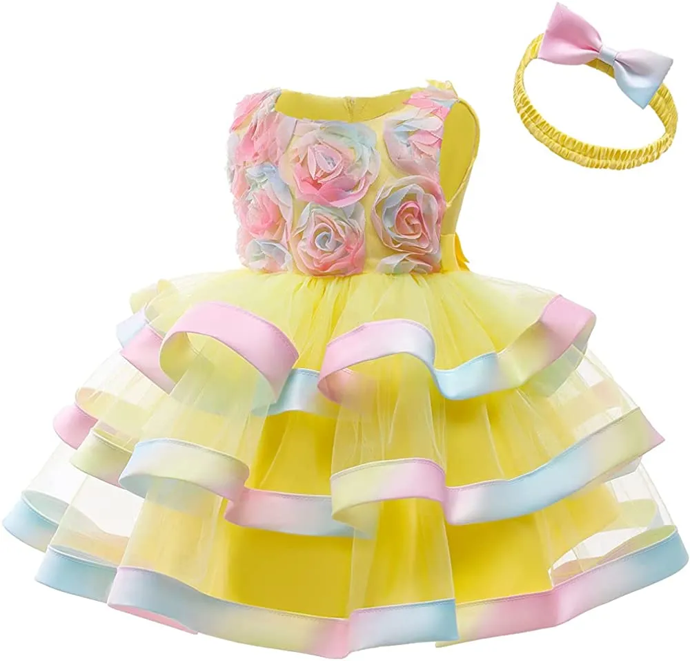 6M-6T Toddler Baby Girls Colorful Floral Tutu Gown Dress Party Evening Wedding Christmas Dance Dresses with Headwear