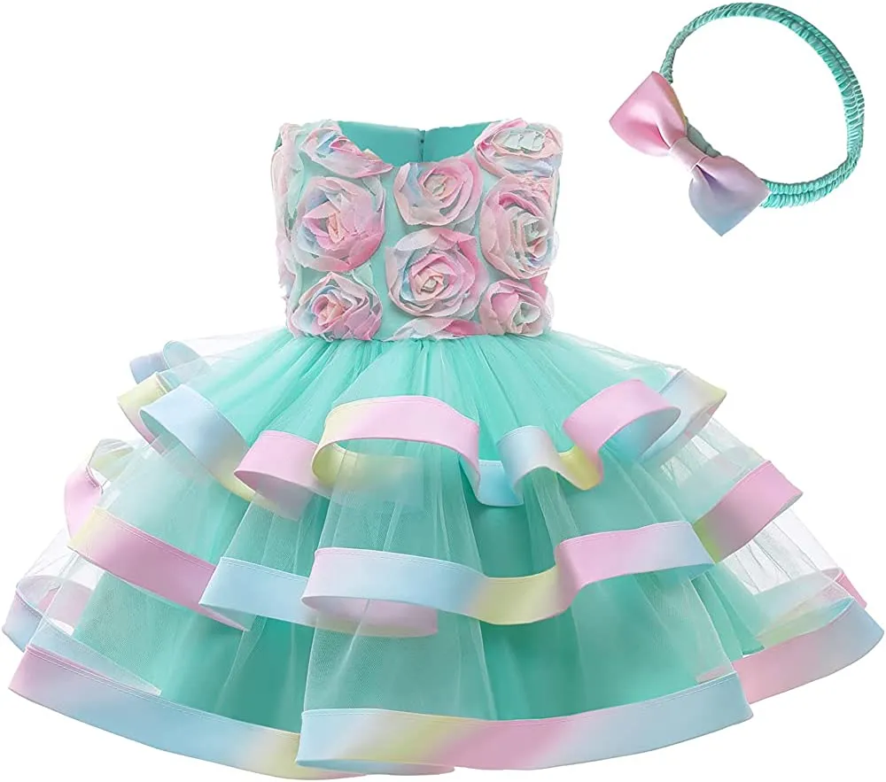 6M-6T Toddler Baby Girls Colorful Floral Tutu Gown Dress Party Evening Wedding Christmas Dance Dresses with Headwear