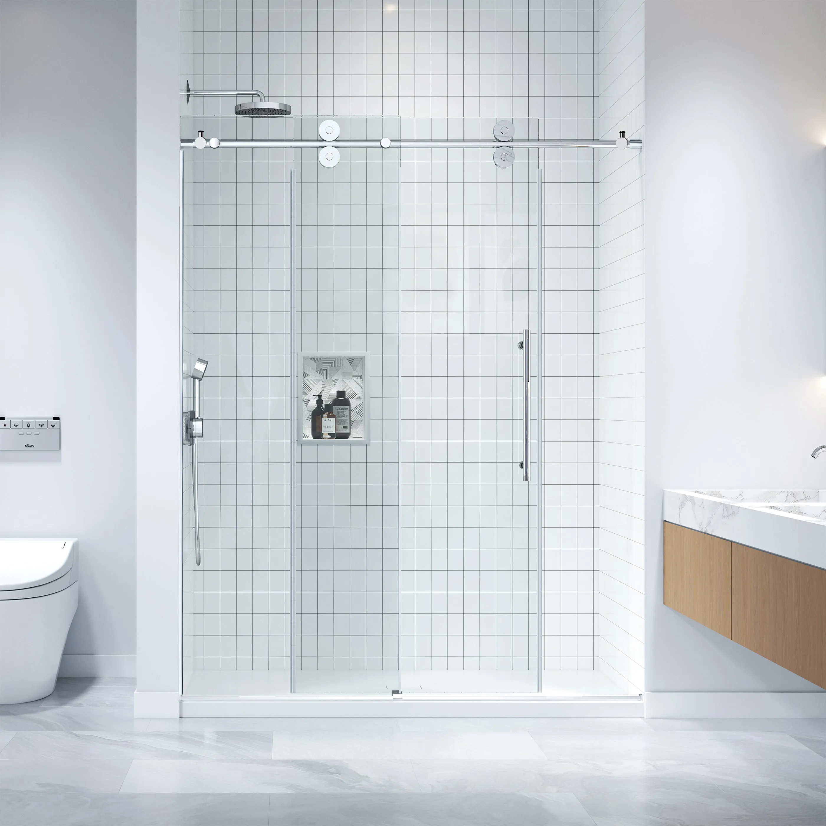 Apollo 60 in. W x 79 in. H Frameless Double Roller Shower Door in Stainless Steel