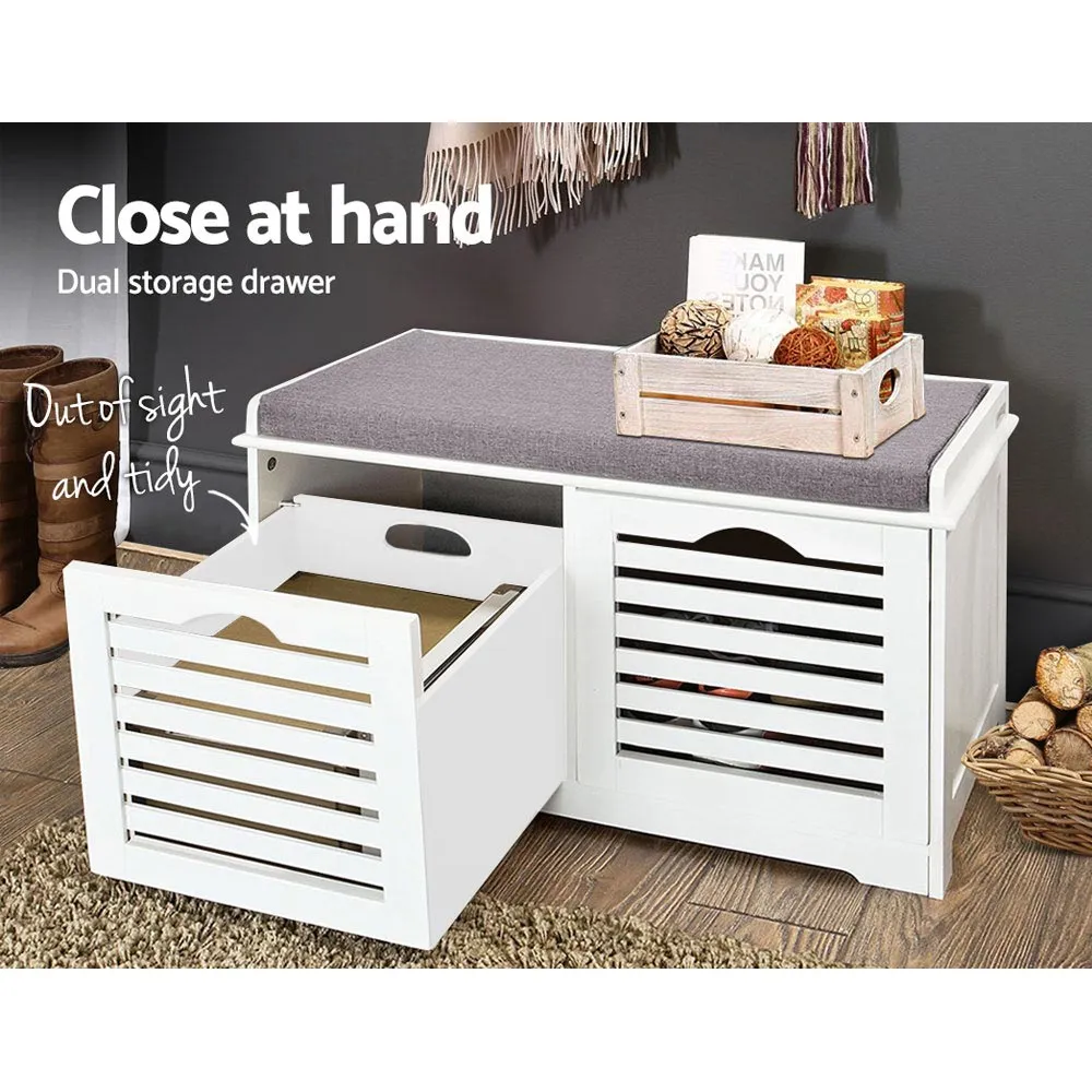 Artiss Fabric Shoe Bench with Drawers - White & Grey