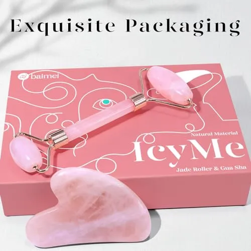 BAIMEI IcyMe Jade Roller & Gua Sha, Face Roller Redness Reducing Skin Care Tools, Massager for Face Self Care Gift for Men Women Mothers Day Gifts, Relieves Fine Lines and Wrinkles - Rose Quartz