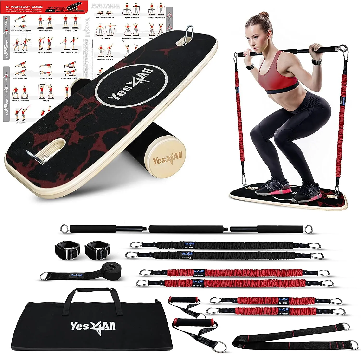 Balance Board Trainer and Exercise Bands, Multi-Functional Set for Full Body Workout