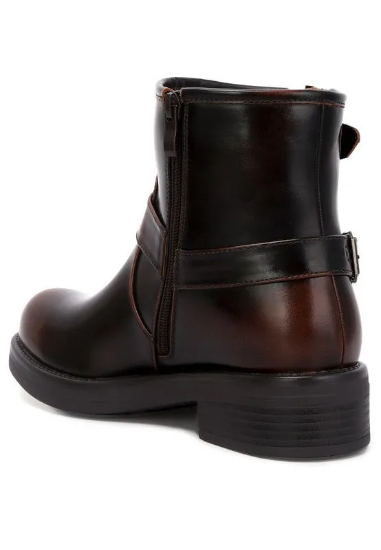 Brown Faux Leather Pin Buckle Boots
