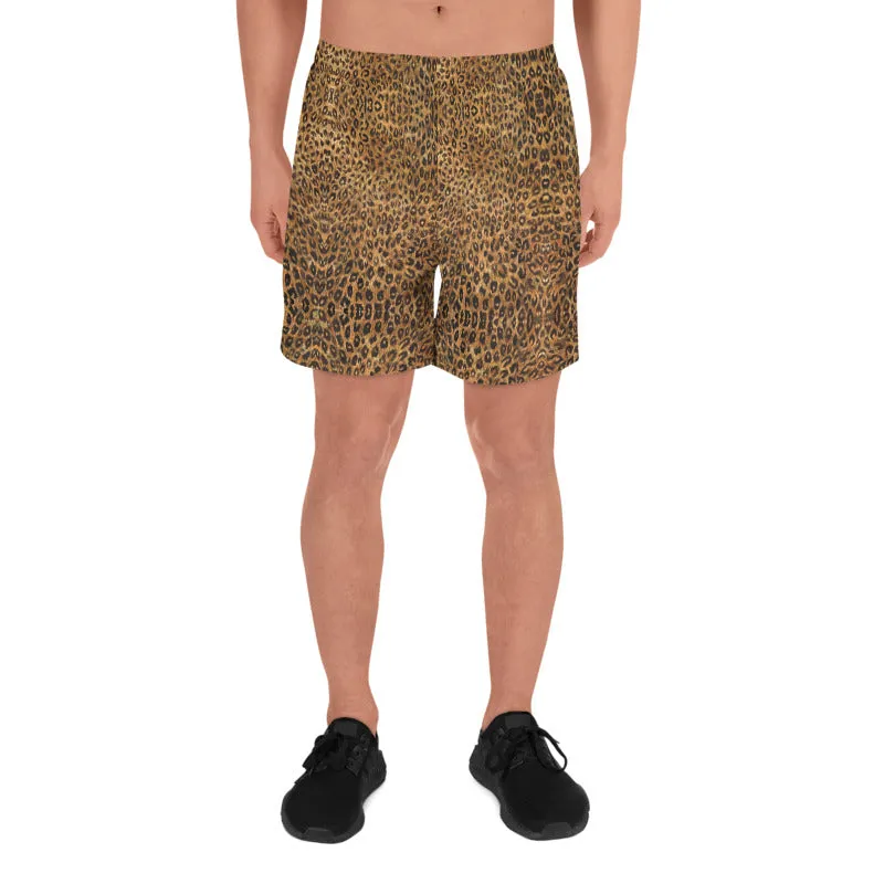 Brown Leopard Men's Shorts, Animal Print Athletic Long Workout Shorts For Men-Made in EU