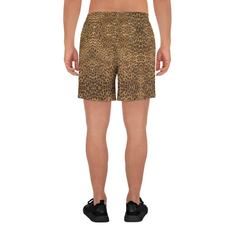 Brown Leopard Men's Shorts, Animal Print Athletic Long Workout Shorts For Men-Made in EU