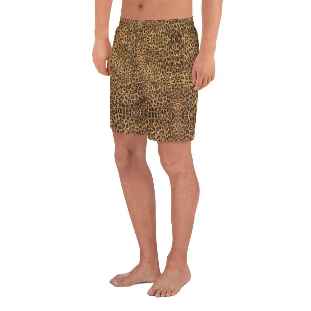 Brown Leopard Men's Shorts, Animal Print Athletic Long Workout Shorts For Men-Made in EU