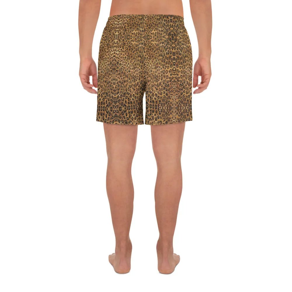 Brown Leopard Men's Shorts, Animal Print Athletic Long Workout Shorts For Men-Made in EU