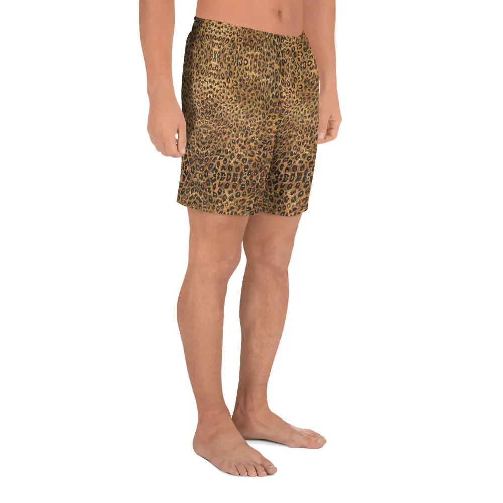 Brown Leopard Men's Shorts, Animal Print Athletic Long Workout Shorts For Men-Made in EU