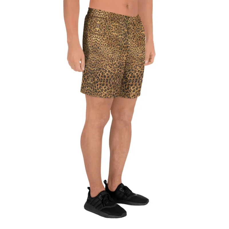 Brown Leopard Men's Shorts, Animal Print Athletic Long Workout Shorts For Men-Made in EU