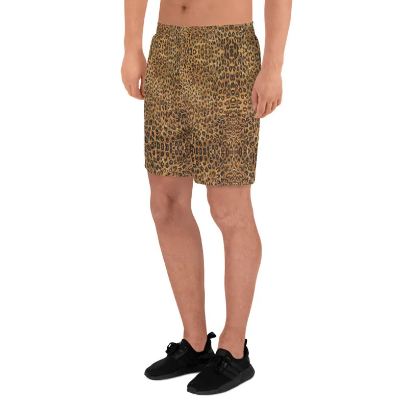 Brown Leopard Men's Shorts, Animal Print Athletic Long Workout Shorts For Men-Made in EU