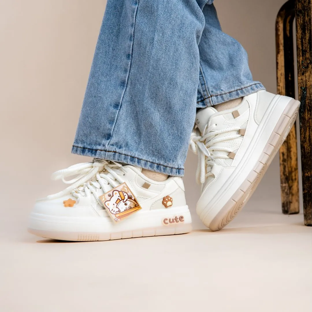 *CLEARANCE* Boba Lovin Kitty Chunky White Sneakers - Women's
