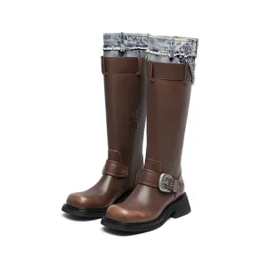 Cowboy Colorblocking Mid Calf Rider Boots Brown