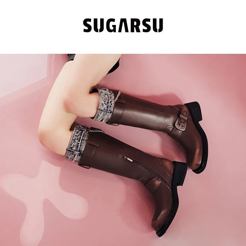 Cowboy Colorblocking Mid Calf Rider Boots Brown