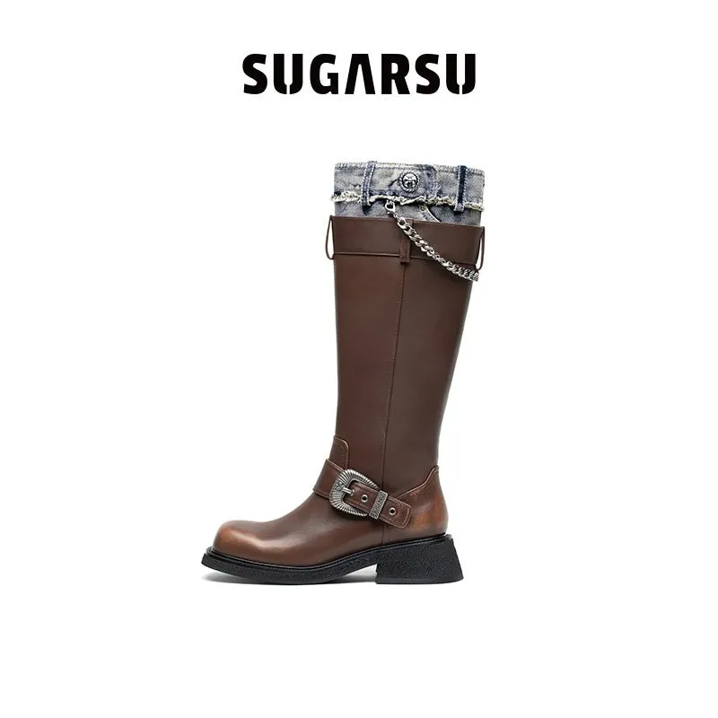 Cowboy Colorblocking Mid Calf Rider Boots Brown