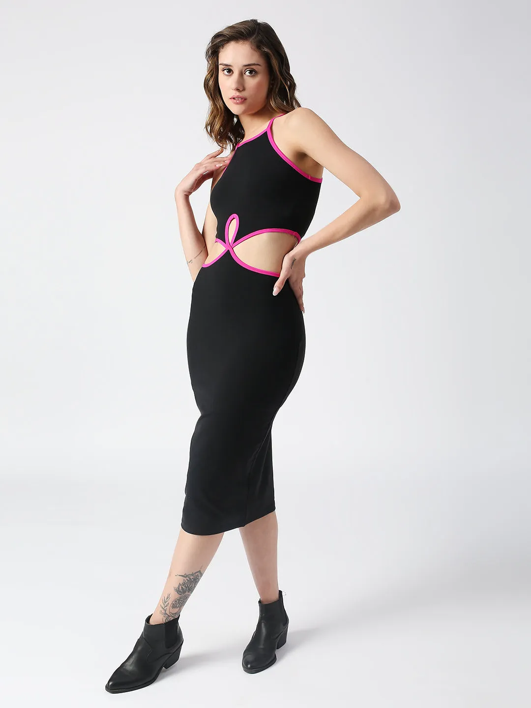Disrupt Spaghetti neck strappy slim fit black cut-out midi dress