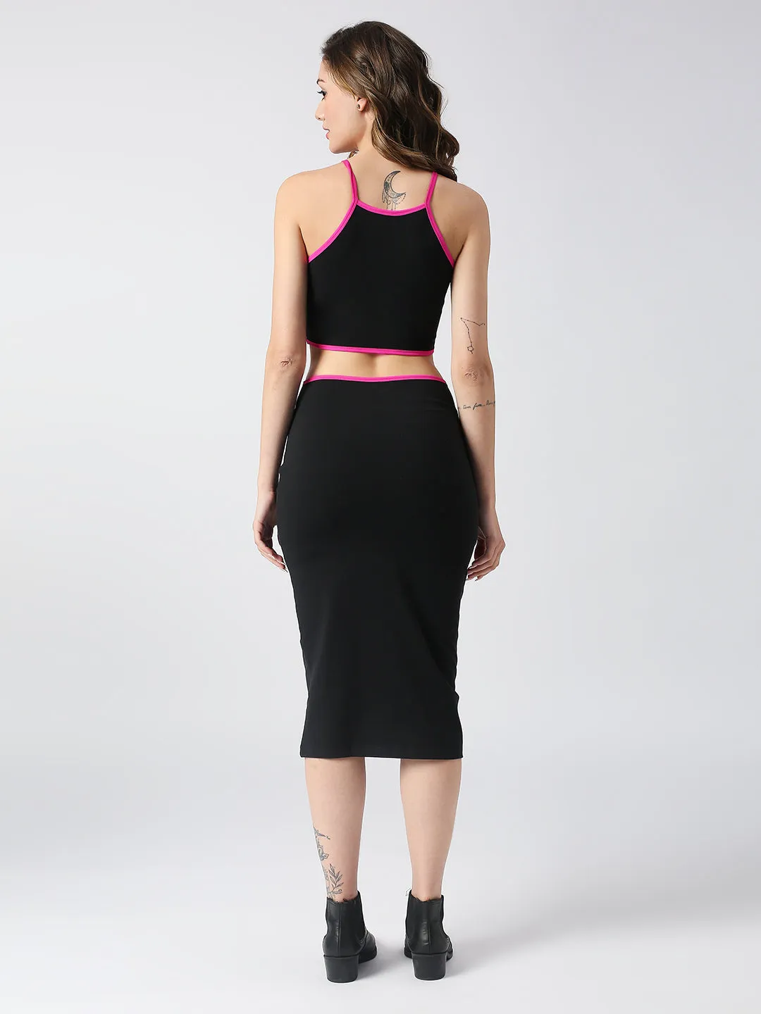 Disrupt Spaghetti neck strappy slim fit black cut-out midi dress
