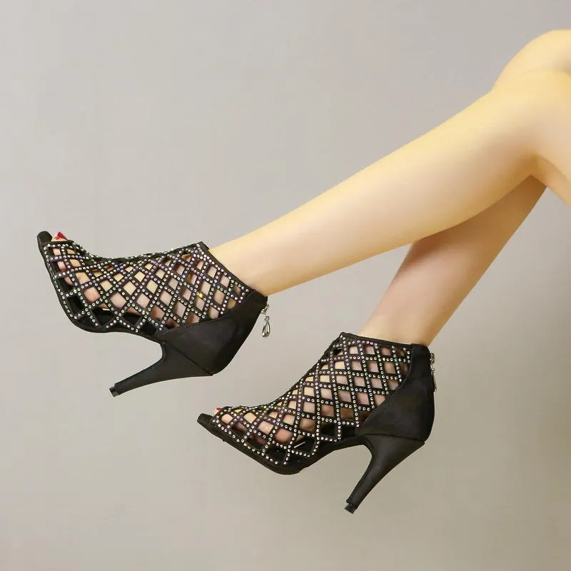 DS Women's Satin 10cm Heels Latin With Rhinestone Dance Boots Ballroom Dance Shoes