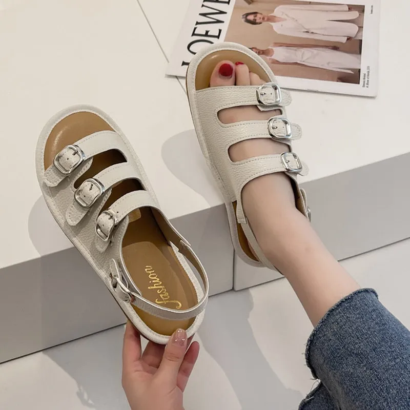 Hnzxzm Flat Women's Sandals Summer Open Toe Flat Slippers For Women Sexy High Quality Outside Girls Rome Buckle Shoes