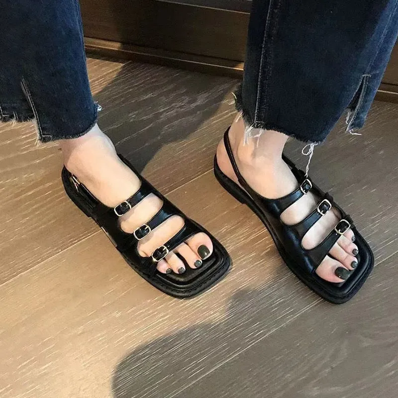 Hnzxzm Flat Women's Sandals Summer Open Toe Flat Slippers For Women Sexy High Quality Outside Girls Rome Buckle Shoes