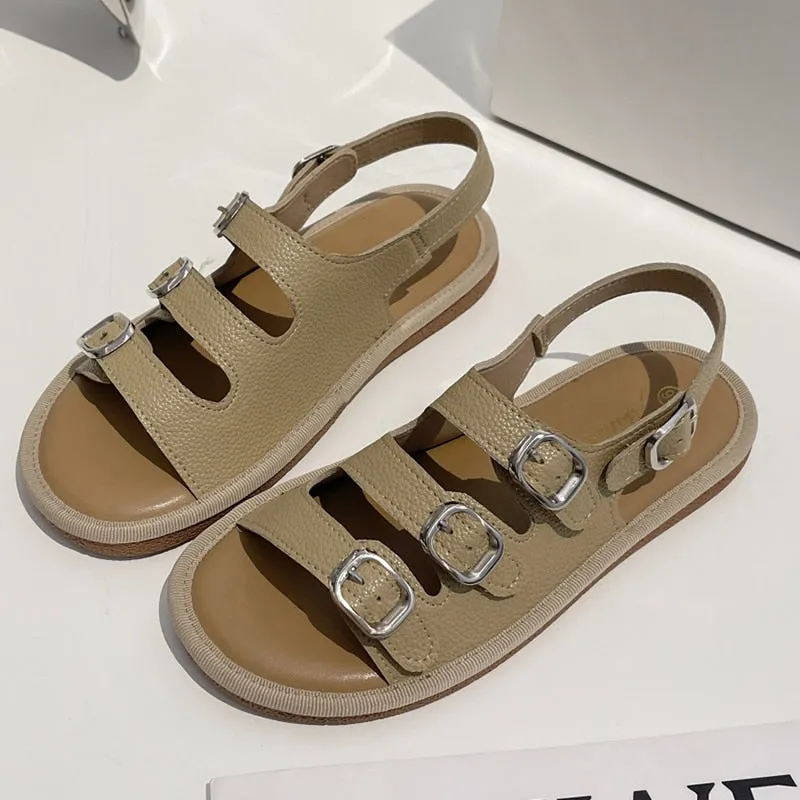 Hnzxzm Flat Women's Sandals Summer Open Toe Flat Slippers For Women Sexy High Quality Outside Girls Rome Buckle Shoes