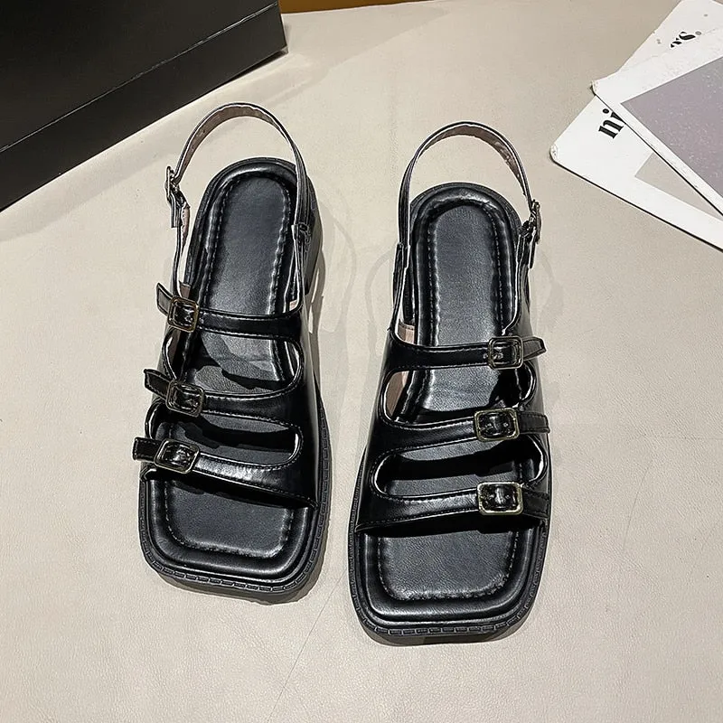 Hnzxzm Flat Women's Sandals Summer Open Toe Flat Slippers For Women Sexy High Quality Outside Girls Rome Buckle Shoes