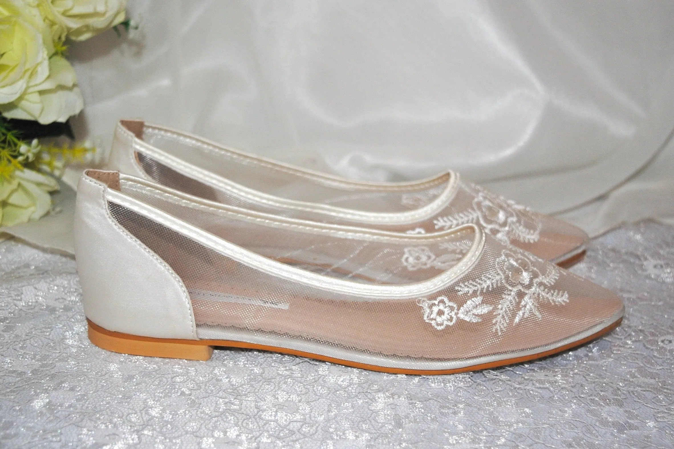 Ivory Floral Embroidered Flats