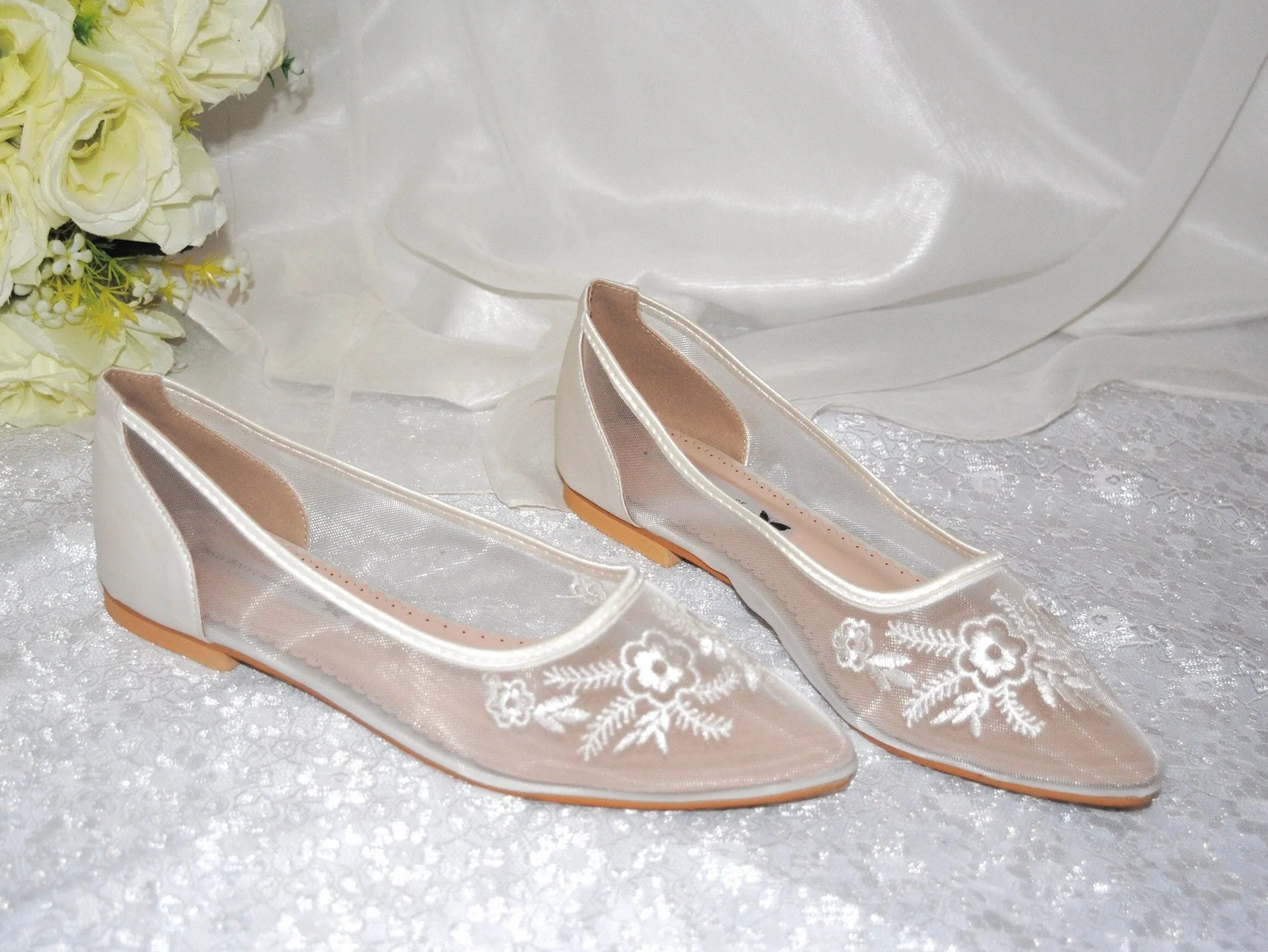 Ivory Floral Embroidered Flats