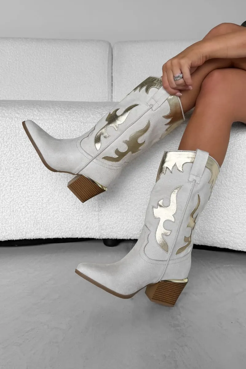 MARRI Western Cowboy Boots - Beige