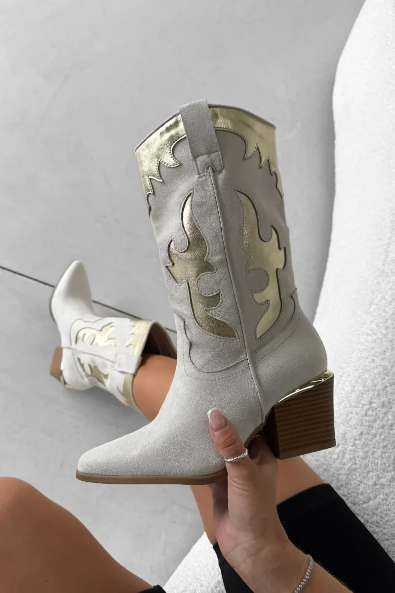 MARRI Western Cowboy Boots - Beige