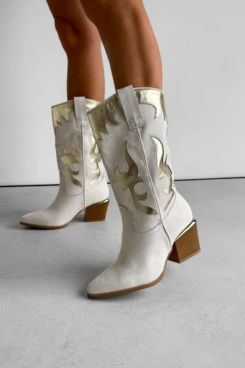 MARRI Western Cowboy Boots - Beige