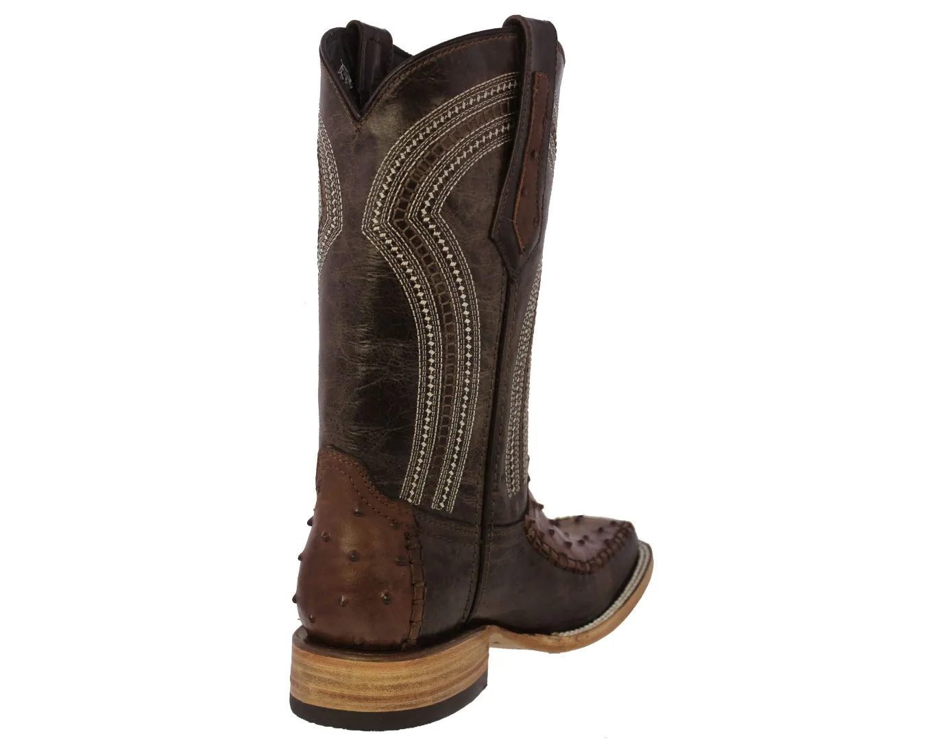 Mens Brown Cowboy Boots Ostrich Print Leather - Long Square Toe