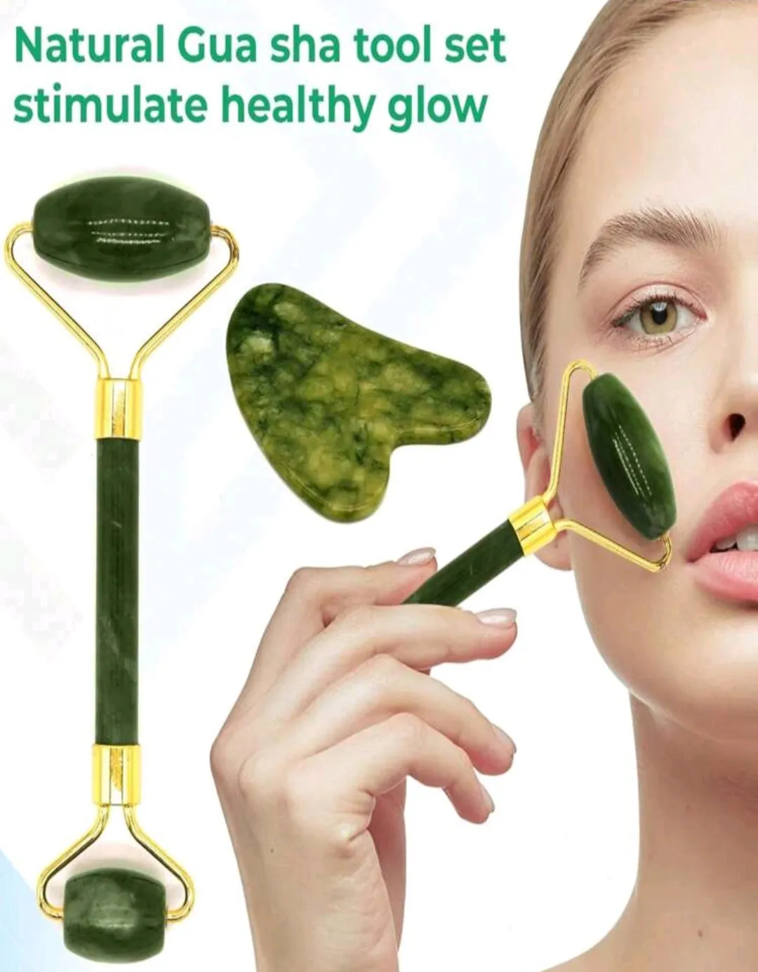 Natural Gua Sha & Jade Roller For Face Set Self  Facial Skin Care Tools