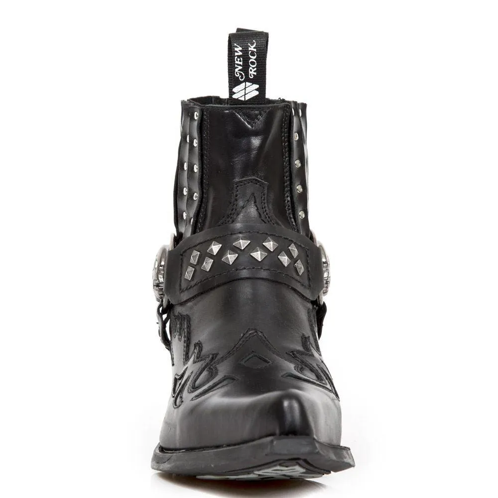 New Rock M.7950-S1 Black Ankle Boots Western Goth Strap Skull Stud Metal