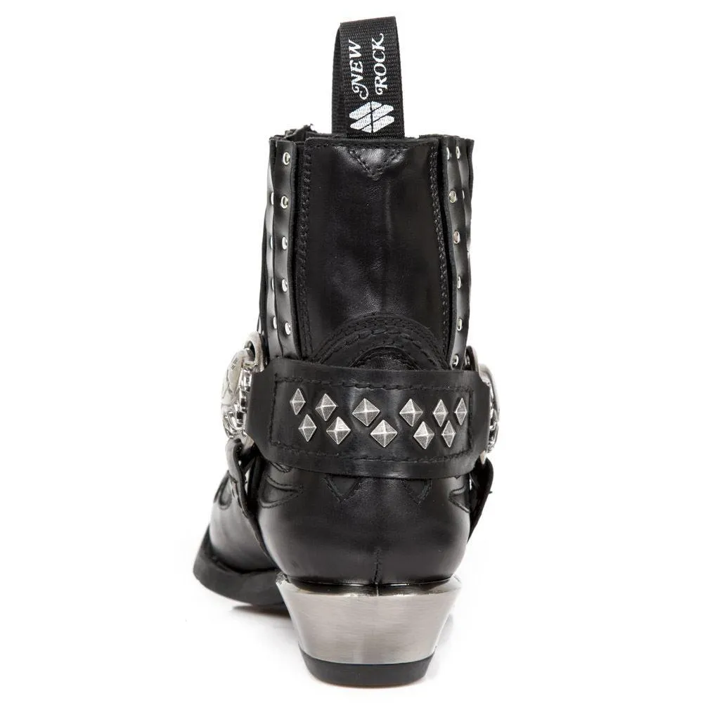 New Rock M.7950-S1 Black Ankle Boots Western Goth Strap Skull Stud Metal
