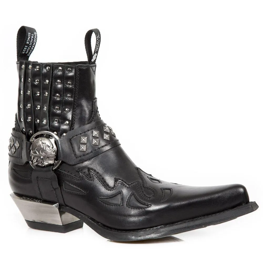 New Rock M.7950-S1 Black Ankle Boots Western Goth Strap Skull Stud Metal