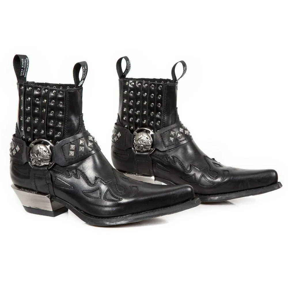 New Rock M.7950-S1 Black Ankle Boots Western Goth Strap Skull Stud Metal