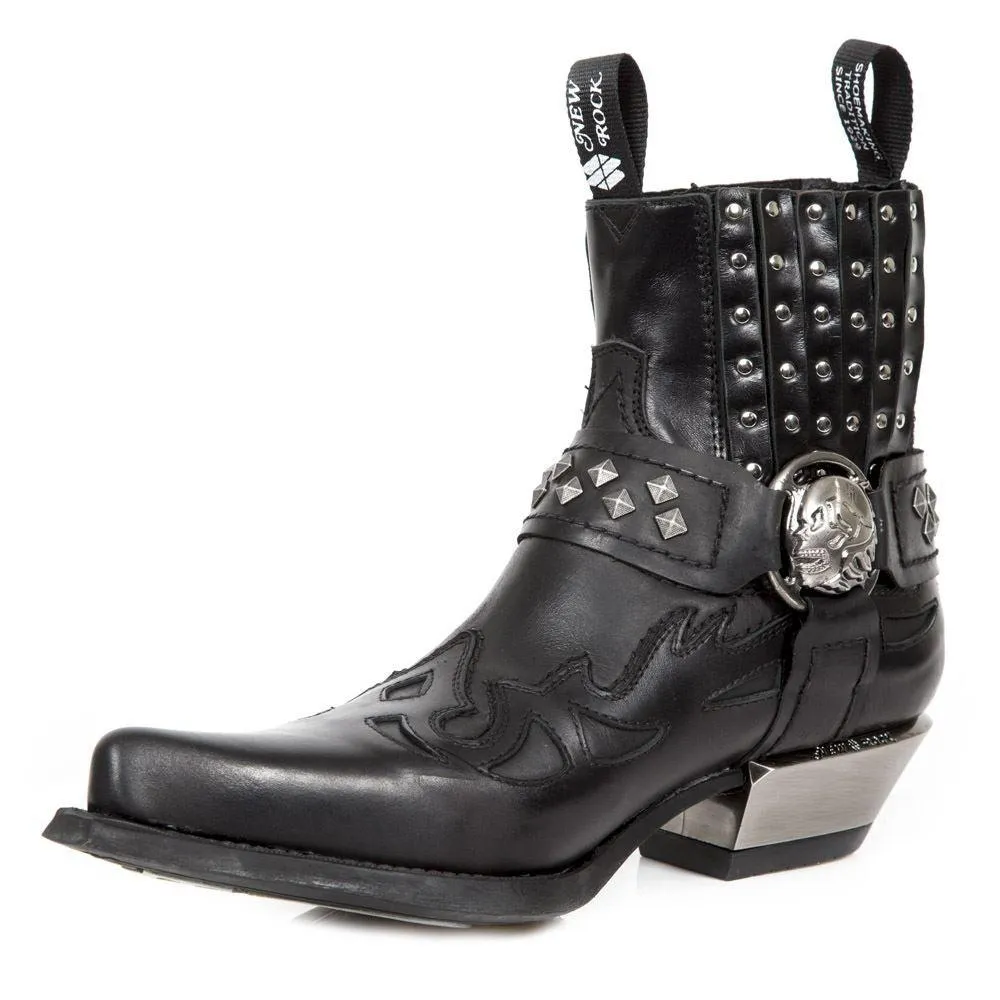 New Rock M.7950-S1 Black Ankle Boots Western Goth Strap Skull Stud Metal