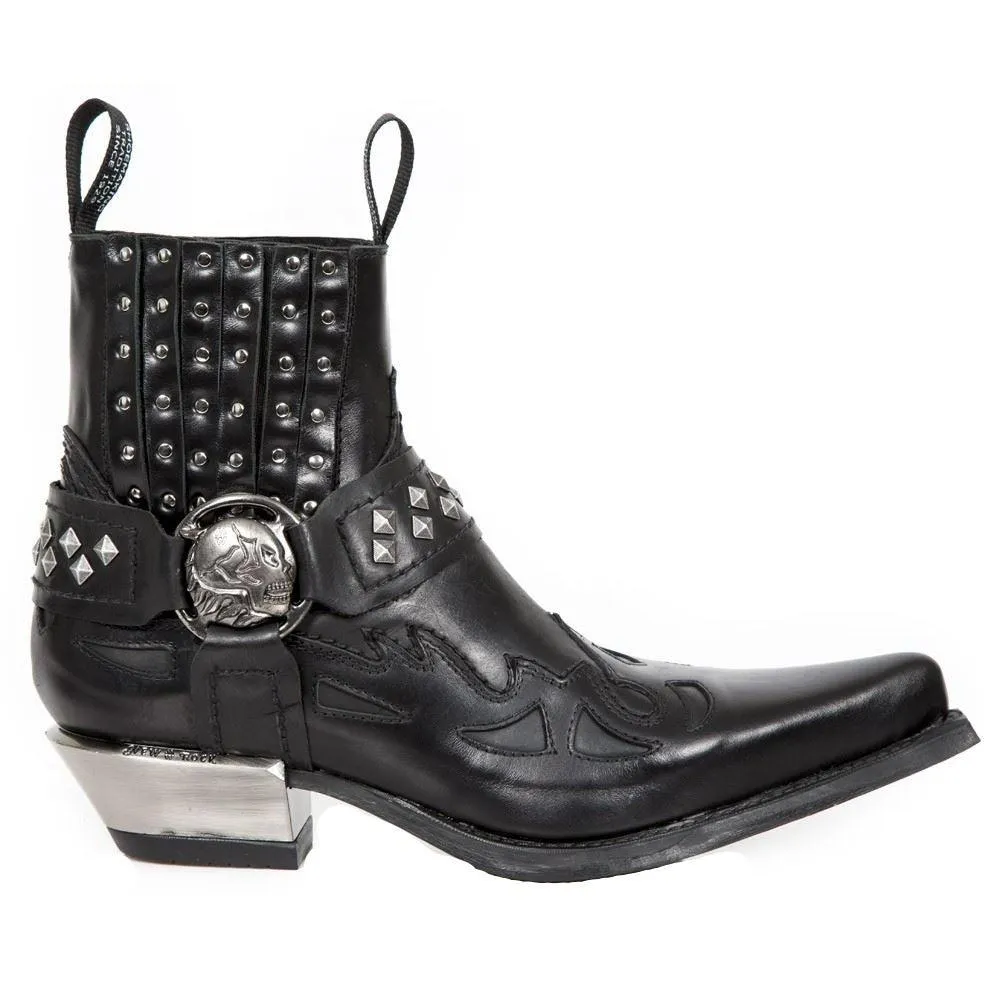 New Rock M.7950-S1 Black Ankle Boots Western Goth Strap Skull Stud Metal