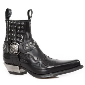 New Rock M.7950-S1 Black Ankle Boots Western Goth Strap Skull Stud Metal