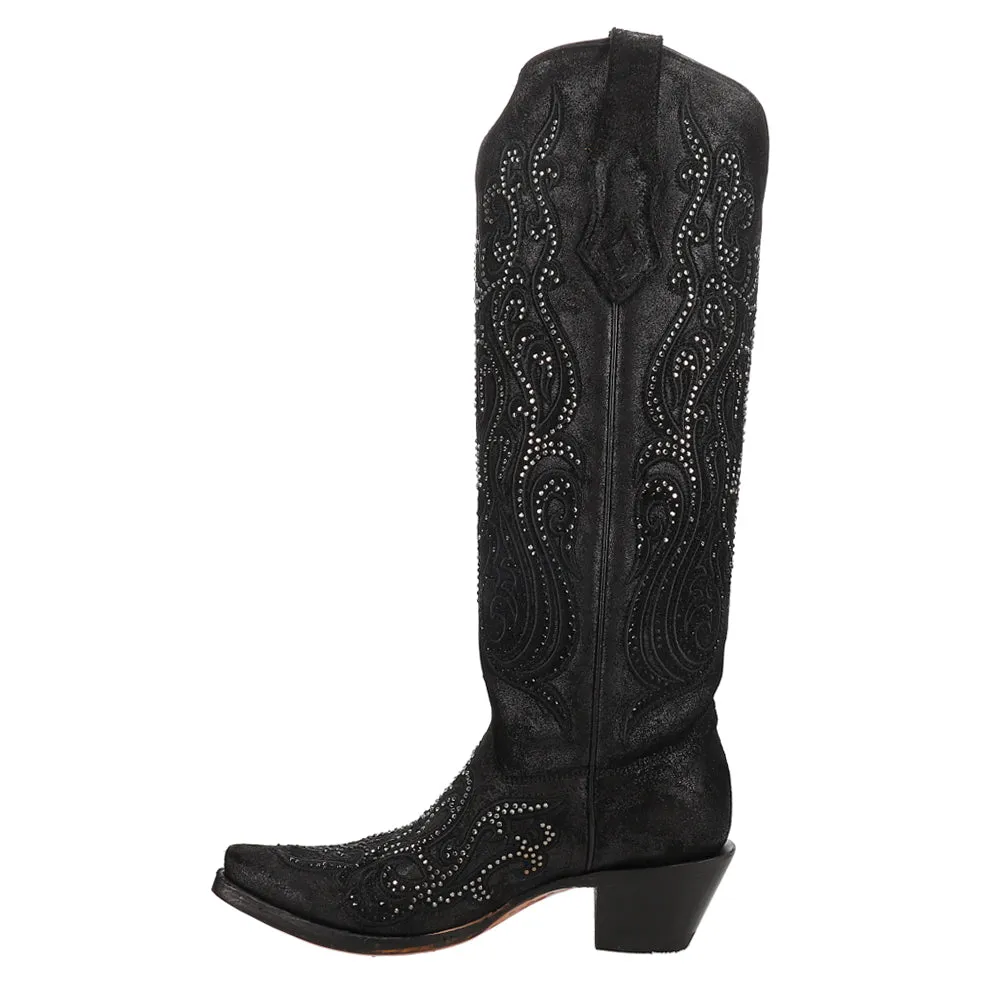 Overlay Embroidered Rhinestone Tall Snip Toe Cowboy Boots