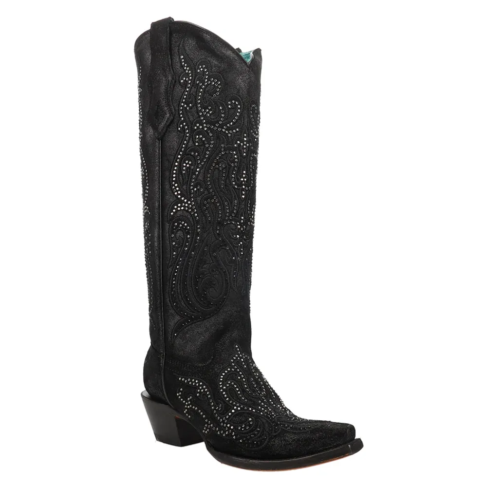 Overlay Embroidered Rhinestone Tall Snip Toe Cowboy Boots
